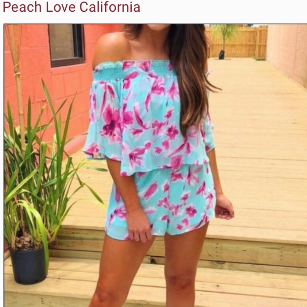 Peach love California off the shoulder floral romper
